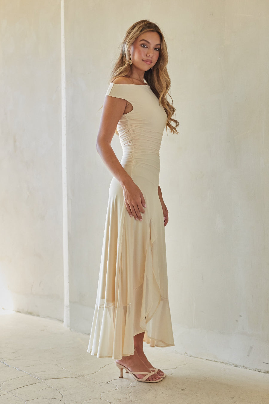 Stretch-Ruched Mesh Maxi