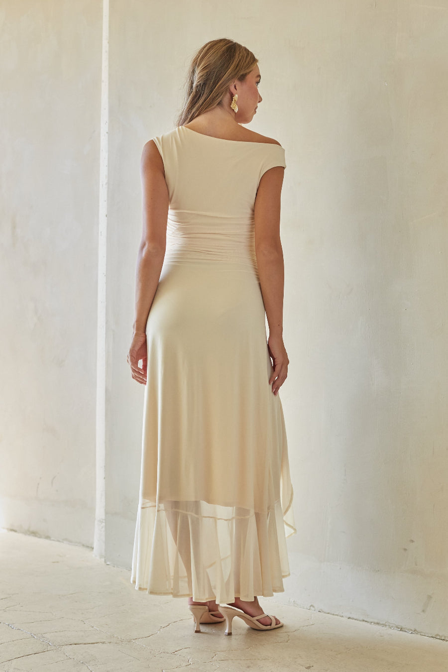 Stretch-Ruched Mesh Maxi