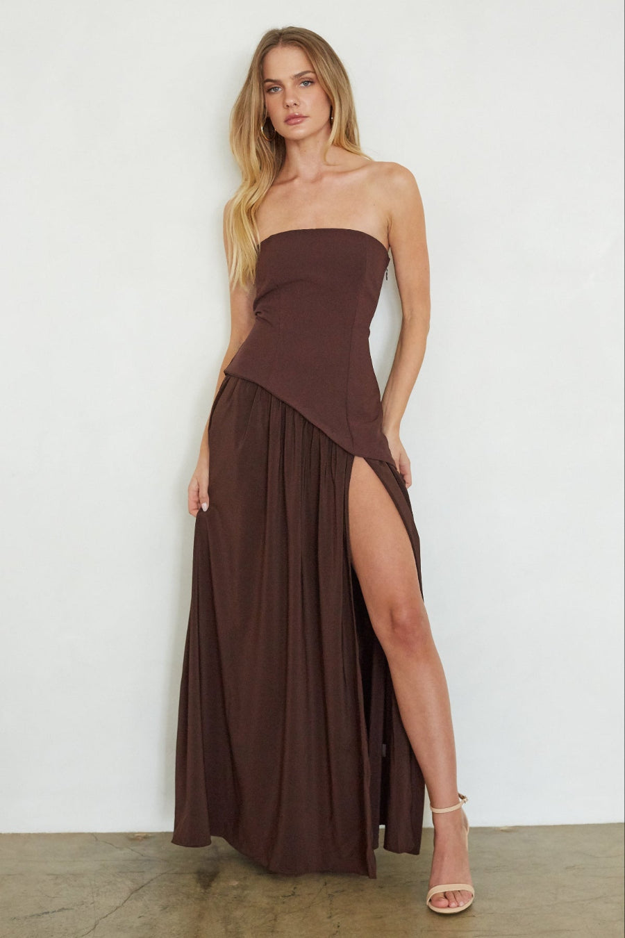High-Slit Pleated Bodice Maxi