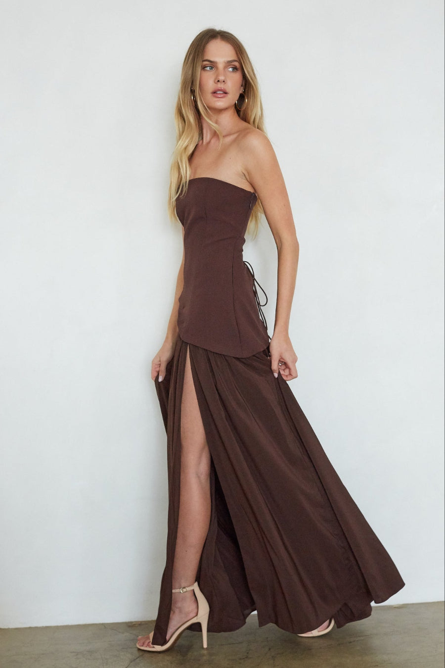 High-Slit Pleated Bodice Maxi