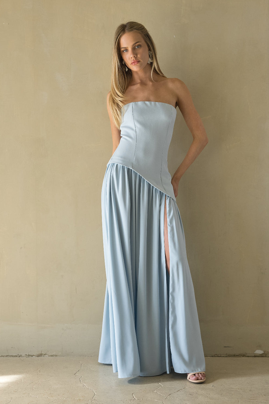 High-Slit Pleated Bodice Maxi