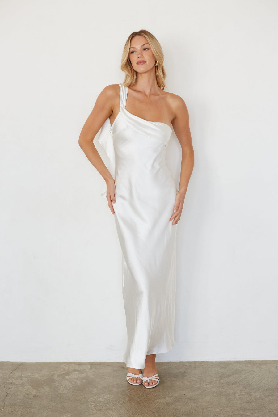One-Shoulder Foldover Satin Maxi
