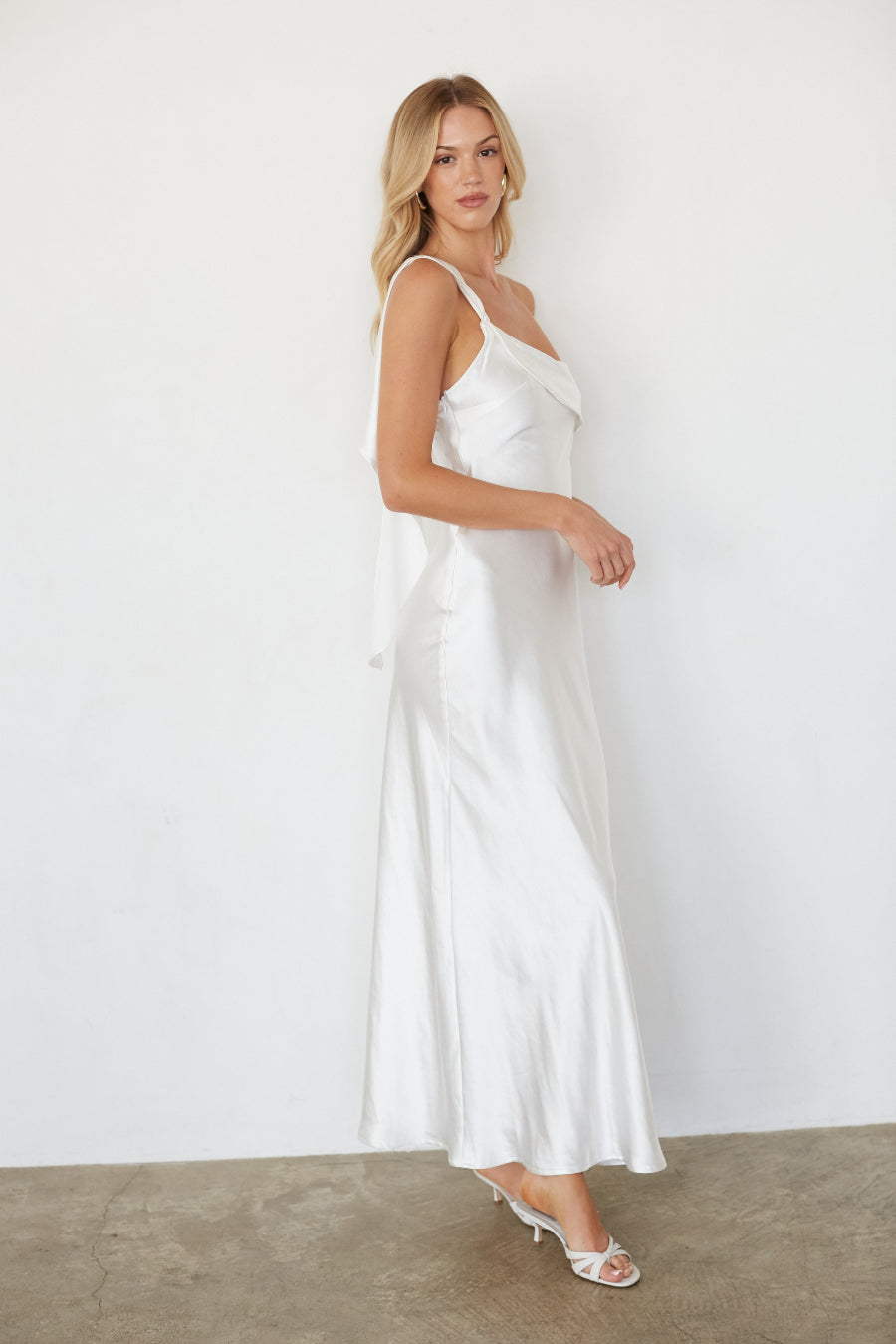 One-Shoulder Foldover Satin Maxi