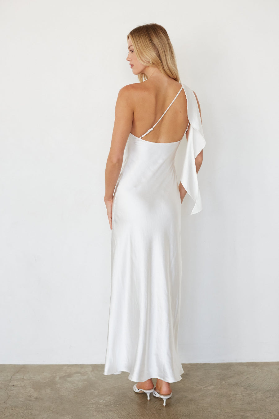 One-Shoulder Foldover Satin Maxi