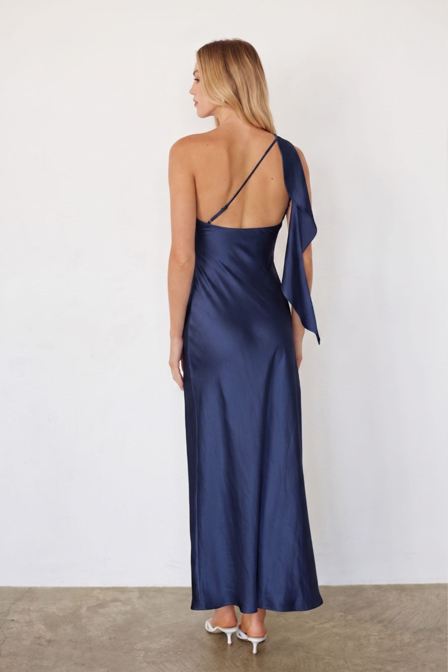 One-Shoulder Foldover Satin Maxi