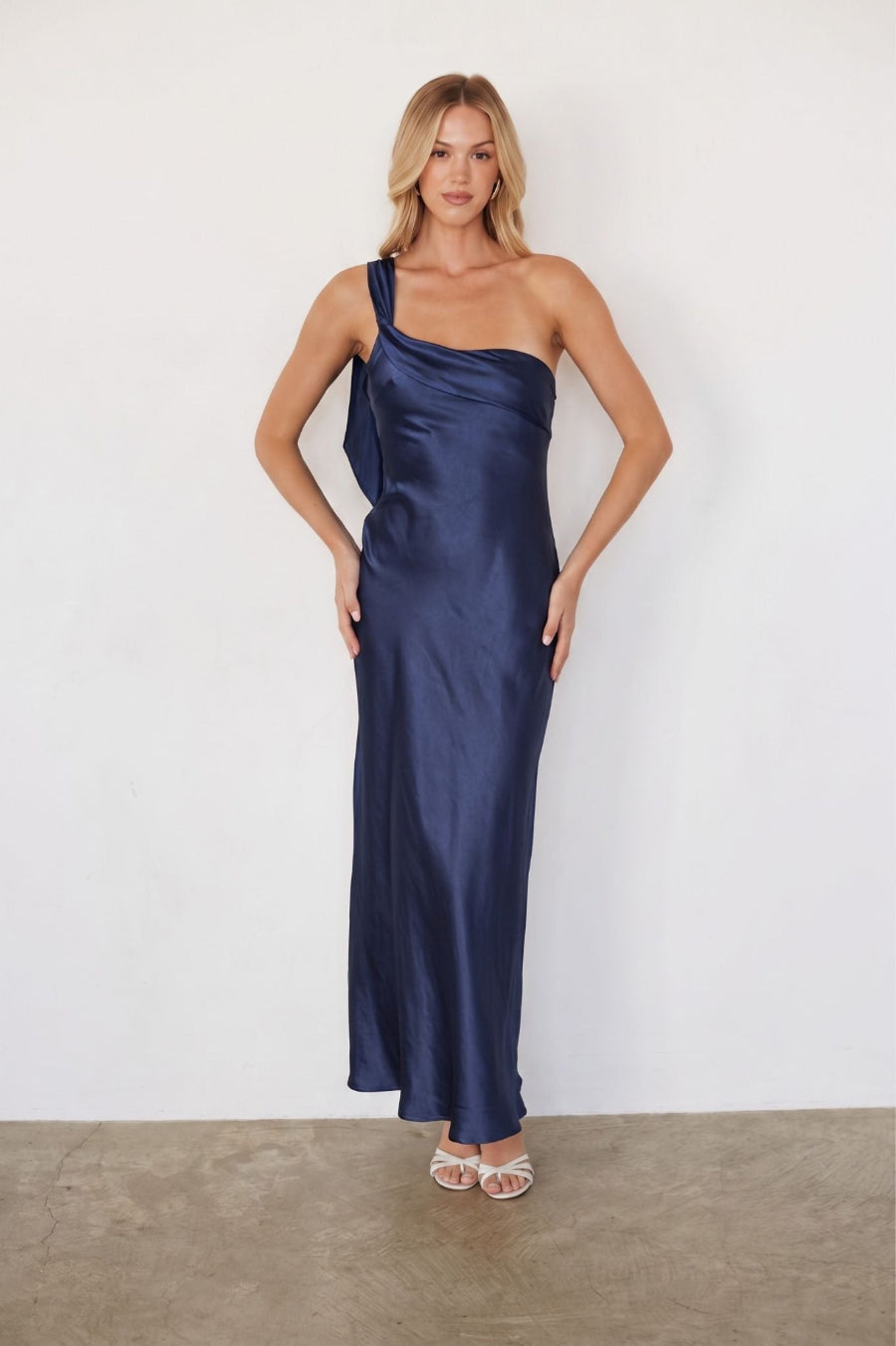 One-Shoulder Foldover Satin Maxi