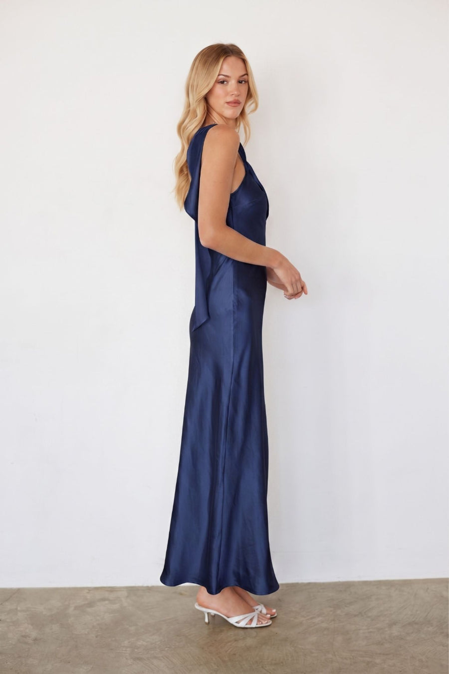 One-Shoulder Foldover Satin Maxi