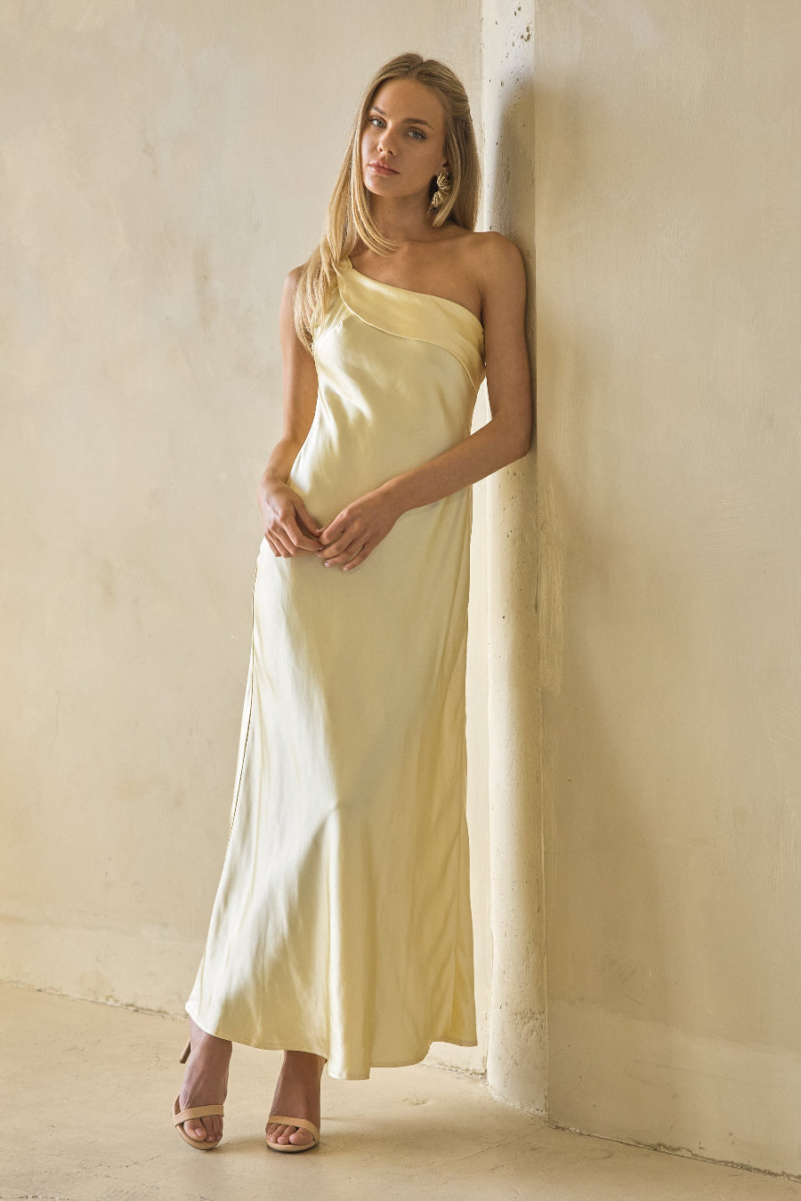 One-Shoulder Foldover Satin Maxi
