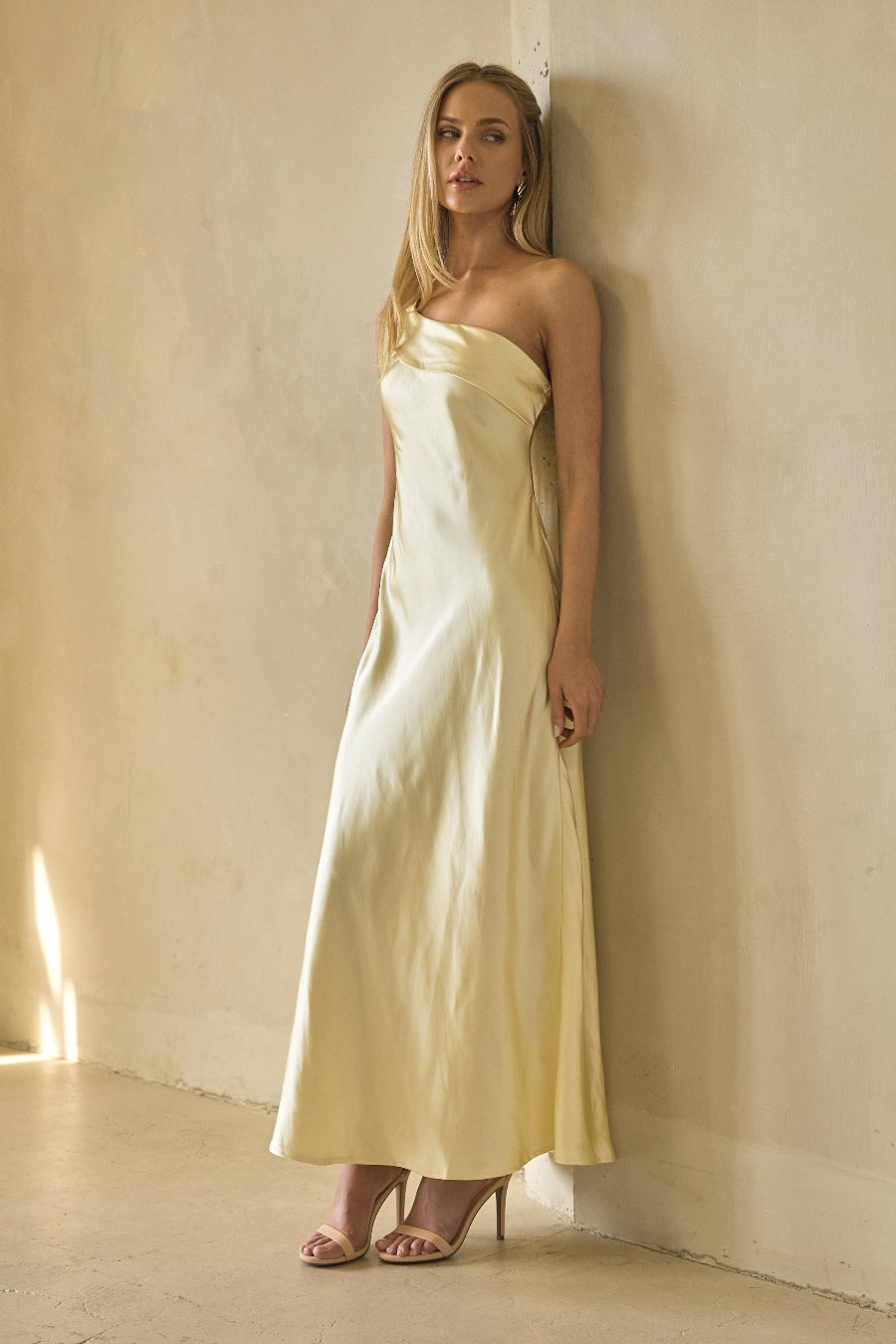 One-Shoulder Foldover Satin Maxi