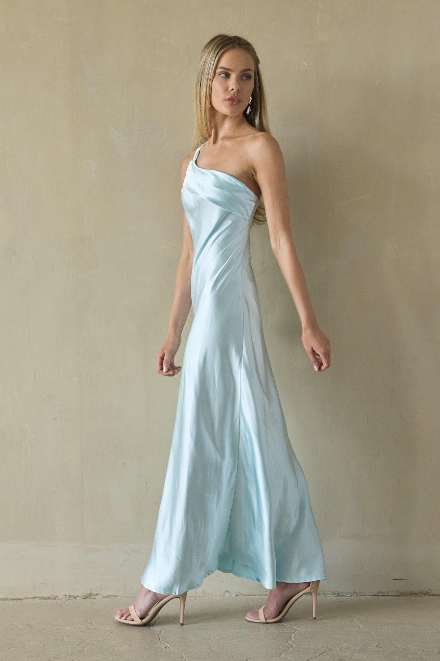 One-Shoulder Foldover Satin Maxi