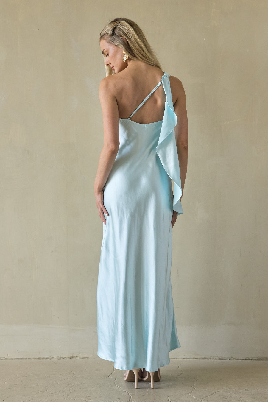 One-Shoulder Foldover Satin Maxi