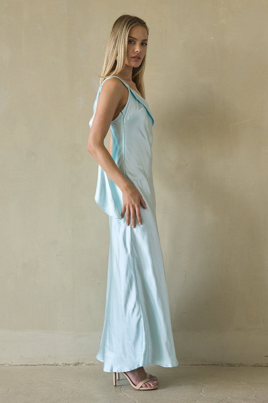 One-Shoulder Foldover Satin Maxi