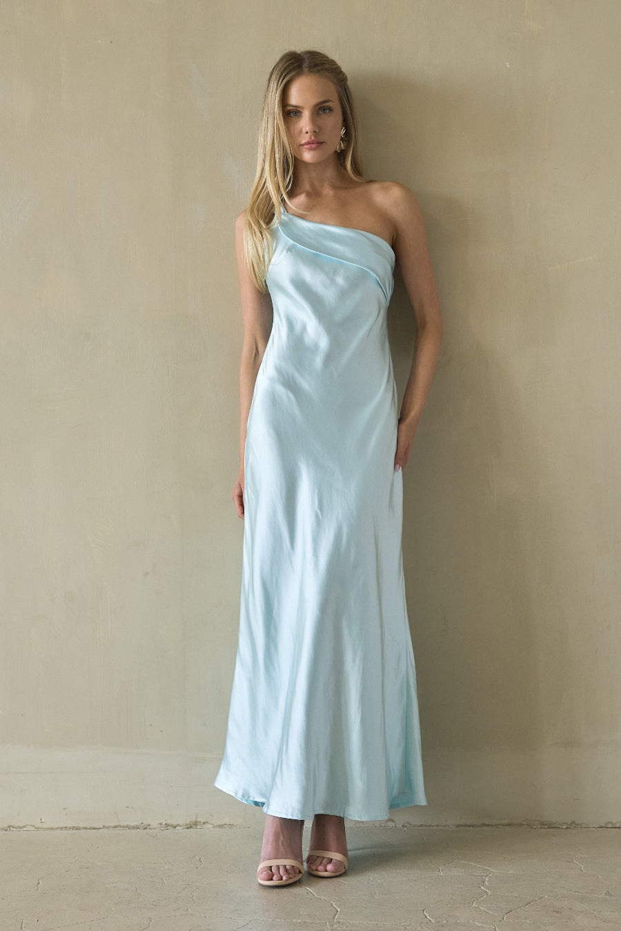 One-Shoulder Foldover Satin Maxi