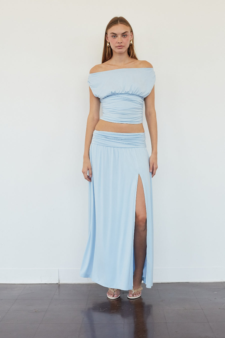 Ruched Thigh-Slit Maxi Skirt