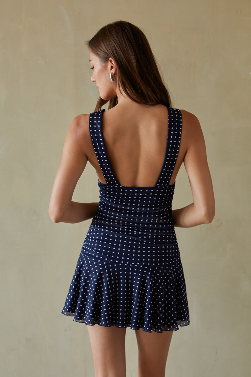 Polka Dot Mesh Drop-Waist Mini