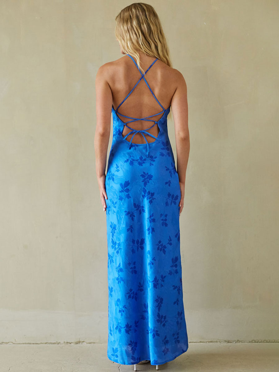 High-Neck Crisscross Satin Maxi