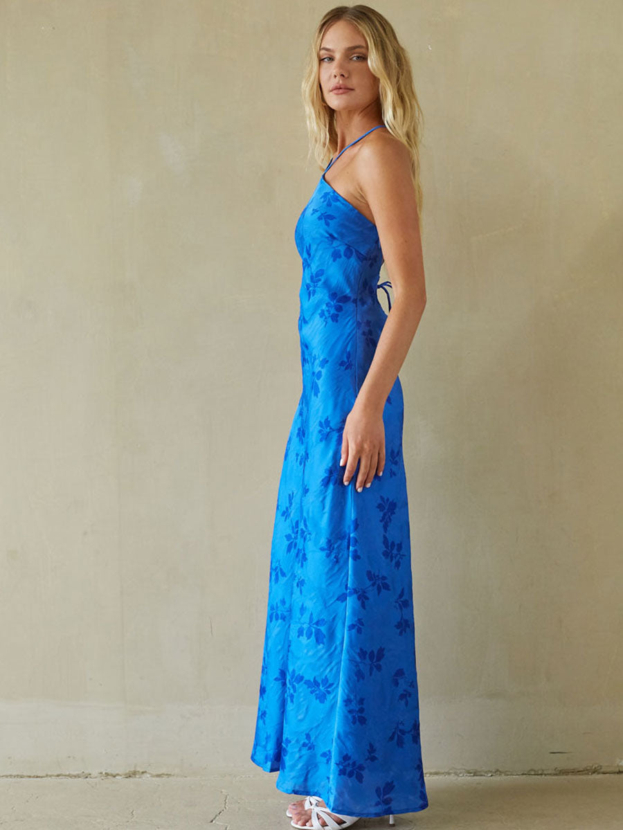 High-Neck Crisscross Satin Maxi