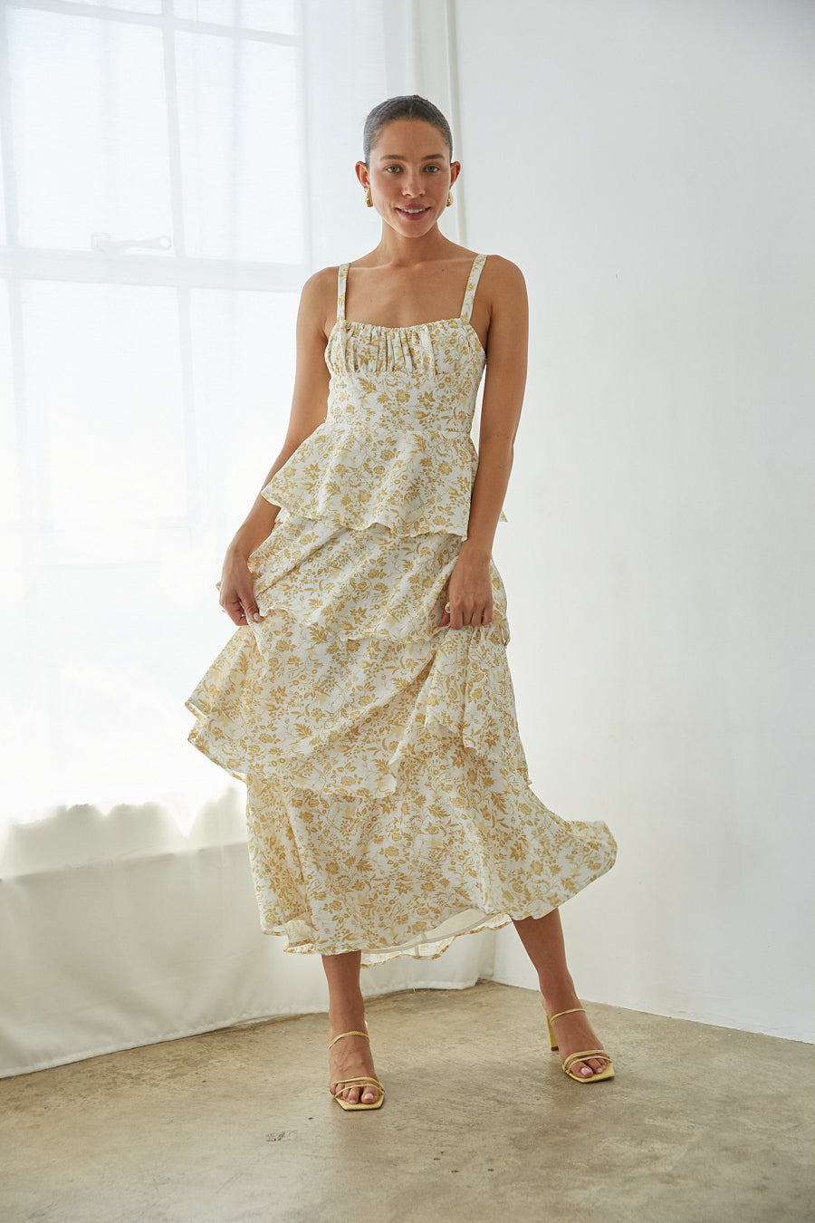 Elastic-Neck Tiered Floral Maxi