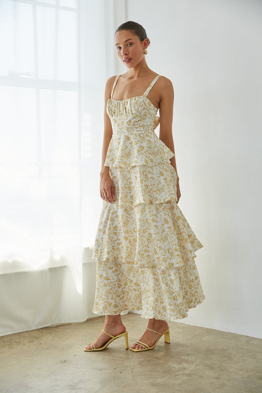 Elastic-Neck Tiered Floral Maxi