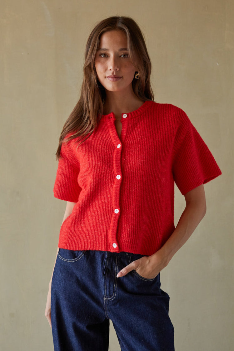 Button-Up Ribbed Short-Sleeve Cardigan