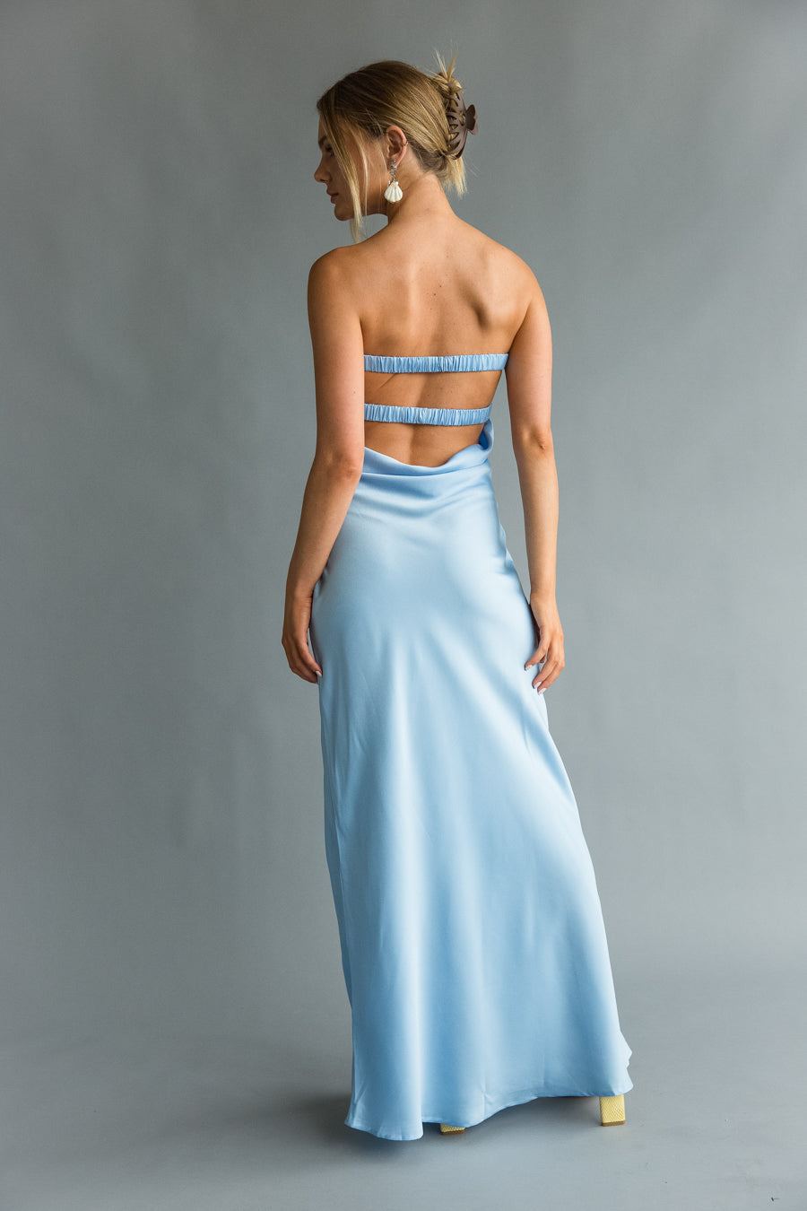 Open-Back Strapless Drape Maxi