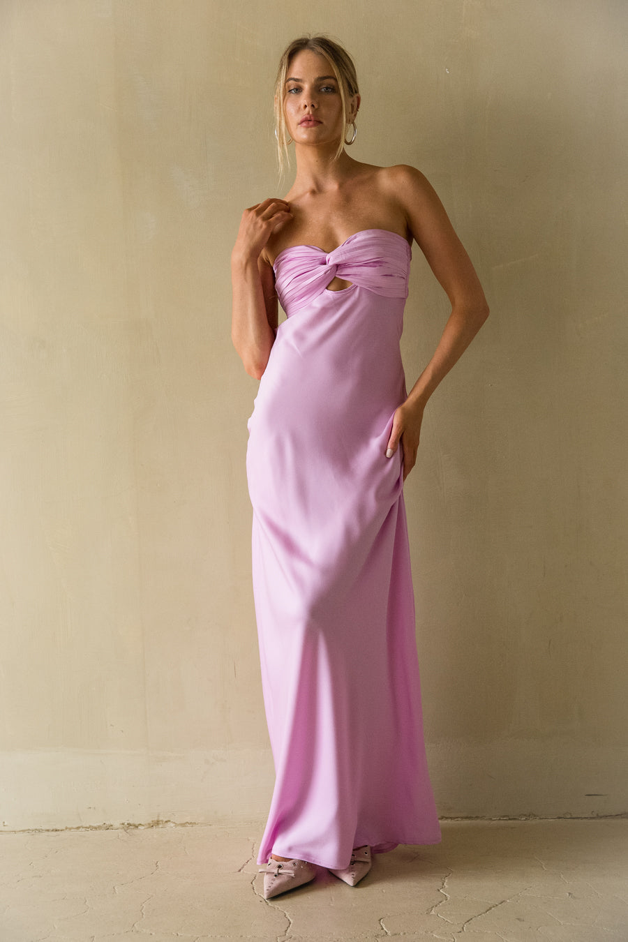 Open-Back Strapless Drape Maxi