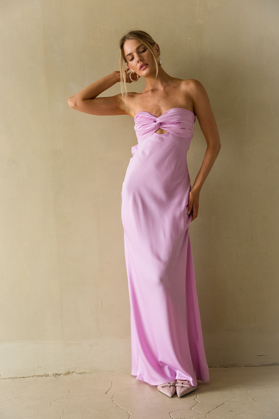 Open-Back Strapless Drape Maxi