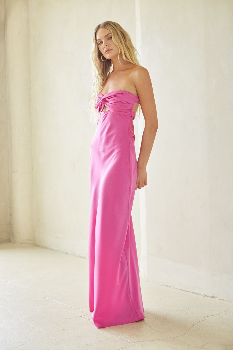 Open-Back Strapless Drape Maxi