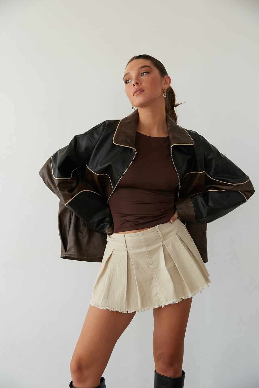Contrast-Block Faux Leather Bomber