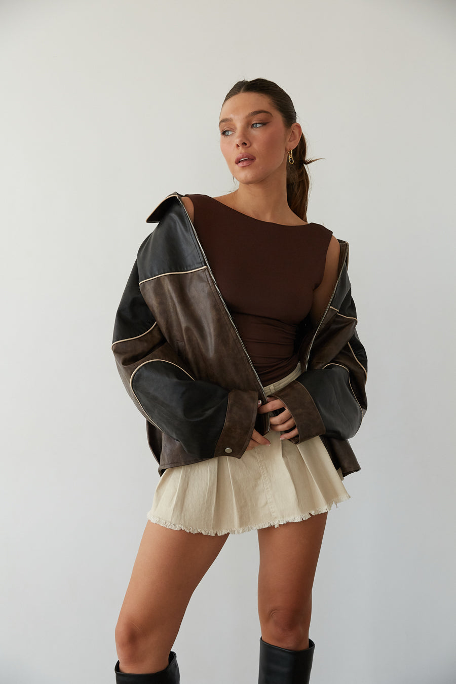 Contrast-Block Faux Leather Bomber