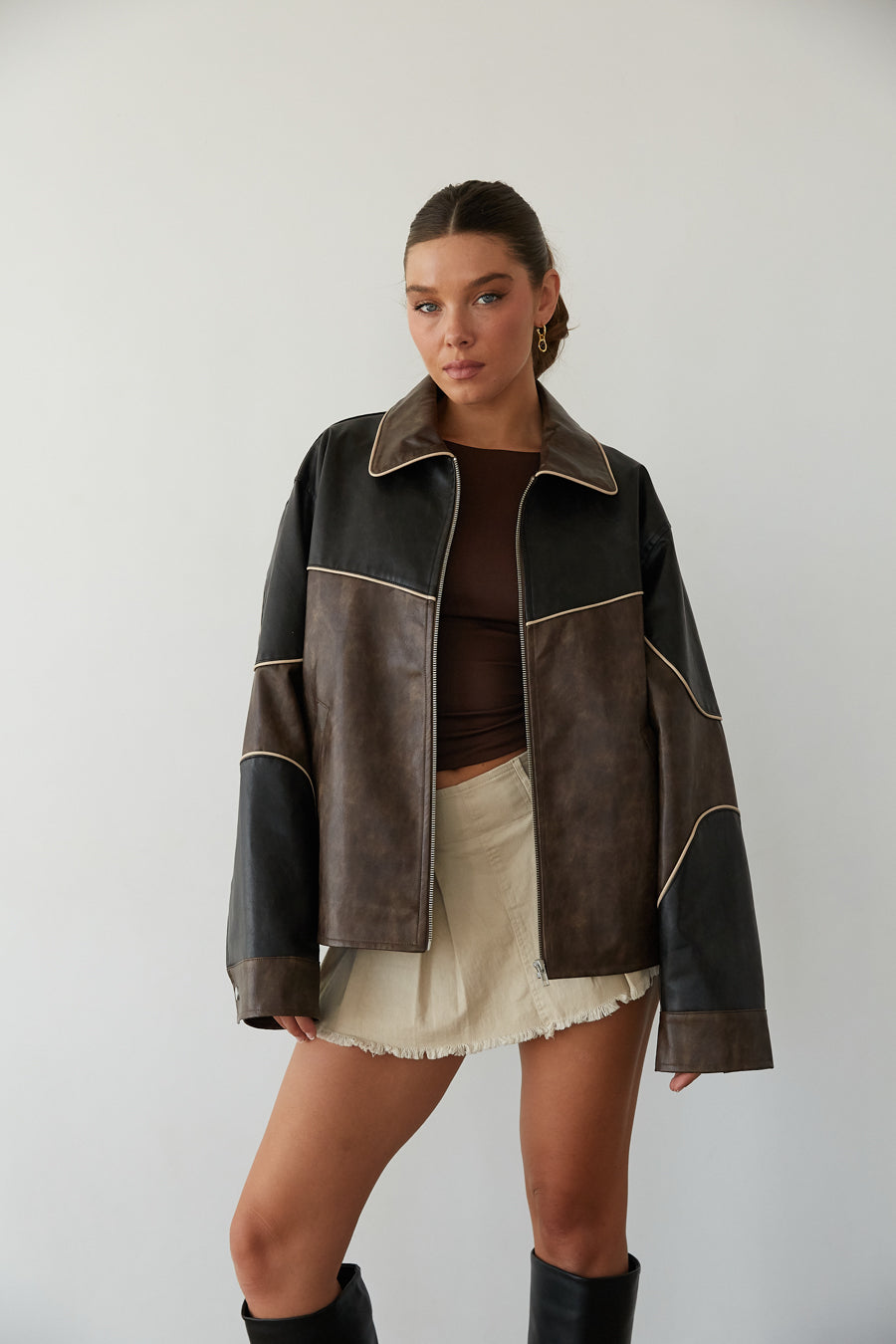 Contrast-Block Faux Leather Bomber