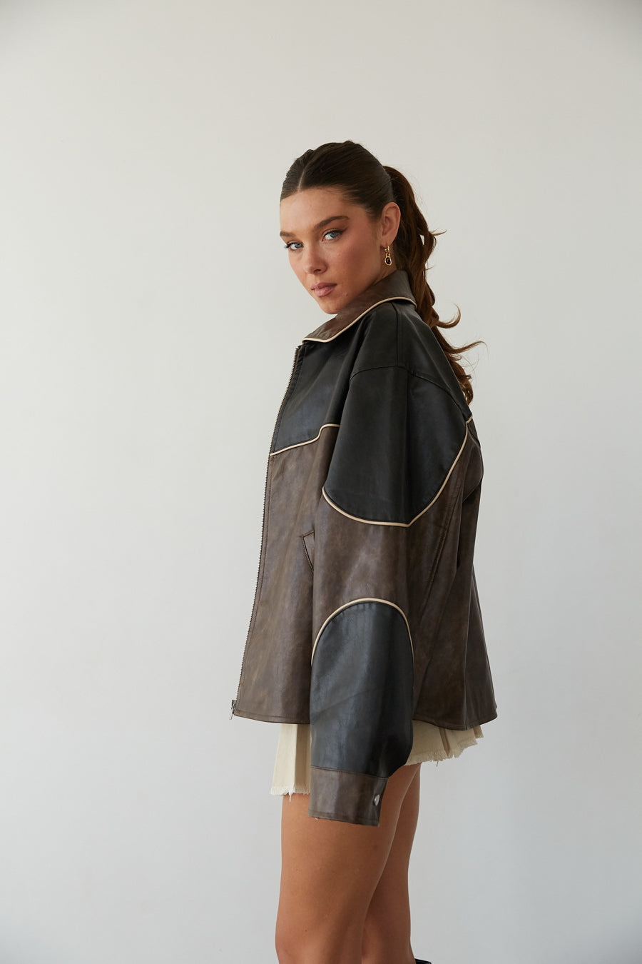 Contrast-Block Faux Leather Bomber