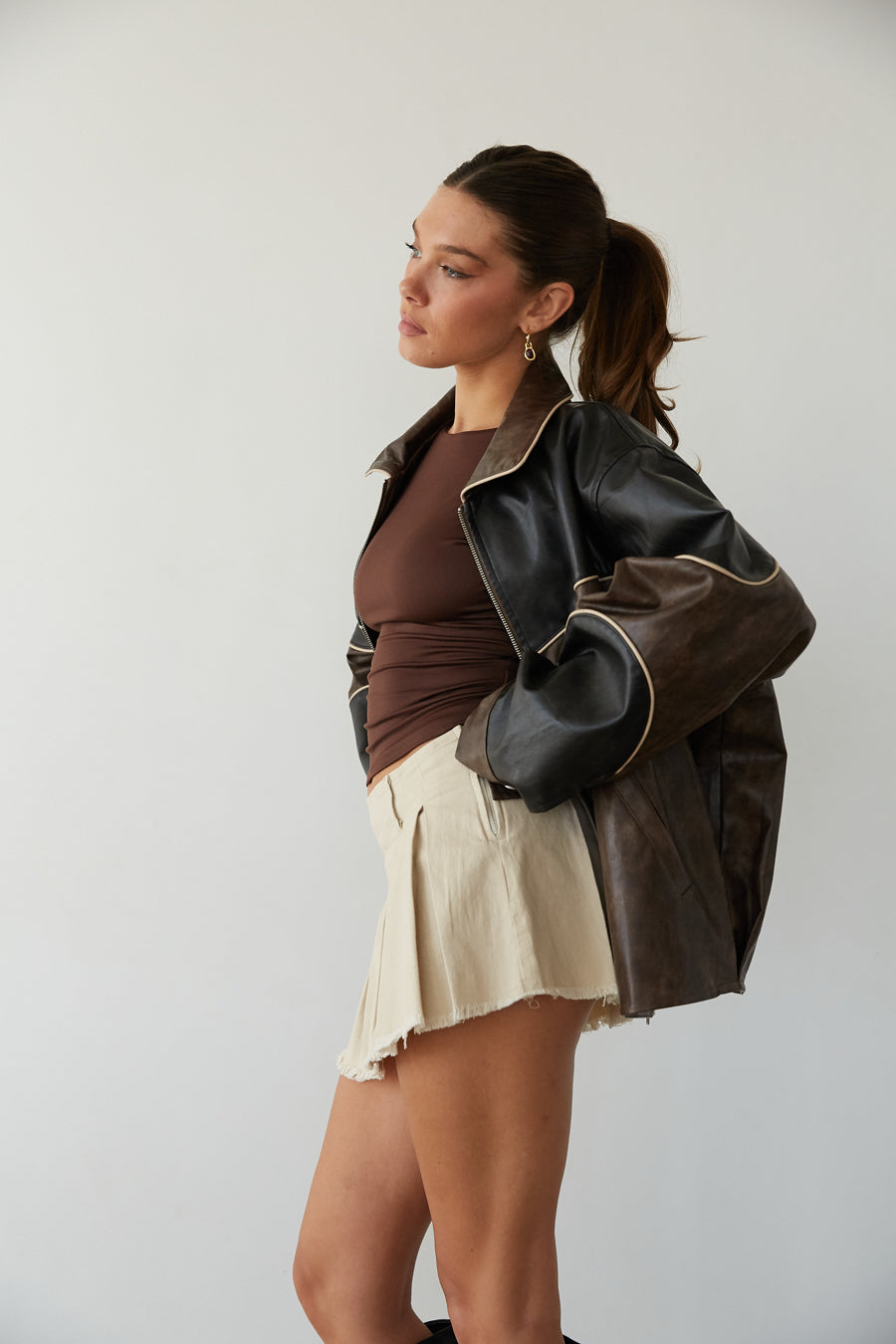 Contrast-Block Faux Leather Bomber