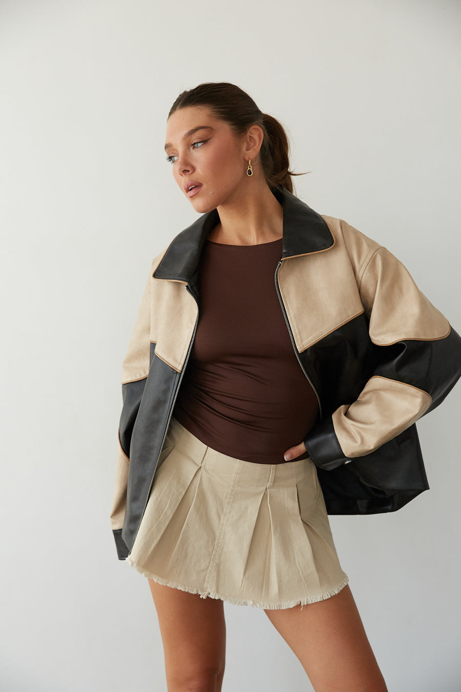 Contrast-Block Faux Leather Bomber