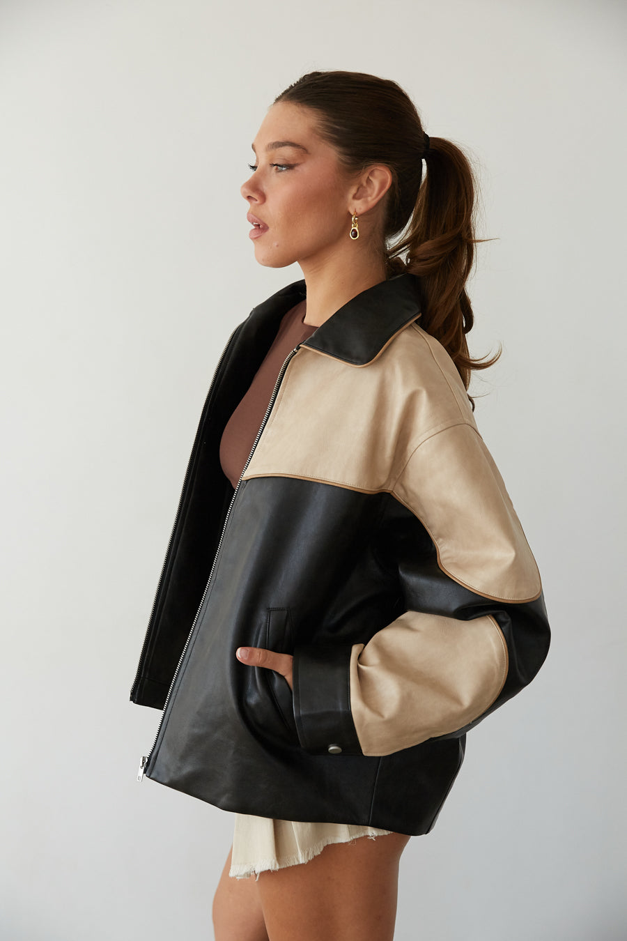 Contrast-Block Faux Leather Bomber