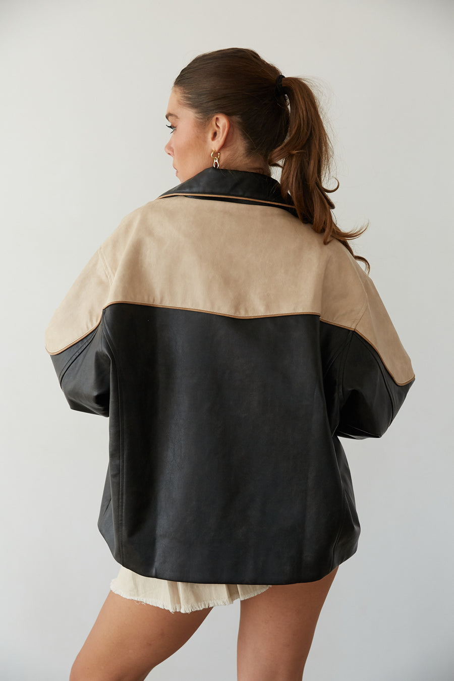 Contrast-Block Faux Leather Bomber