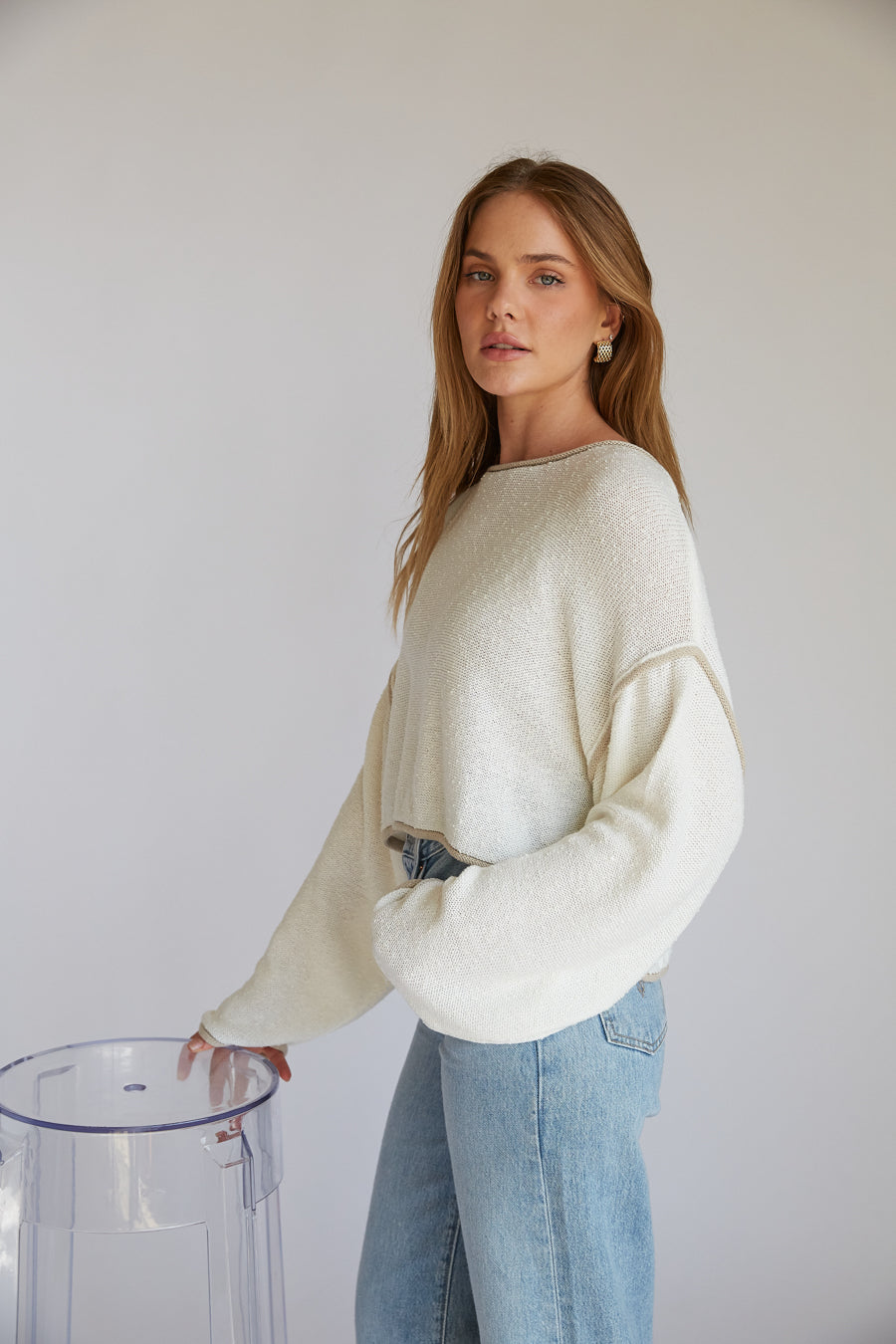 Flare-Sleeve Cotton Knit Top