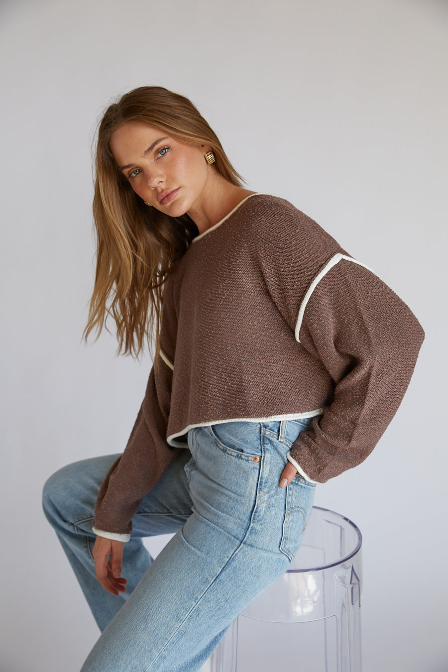 Flare-Sleeve Cotton Knit Top